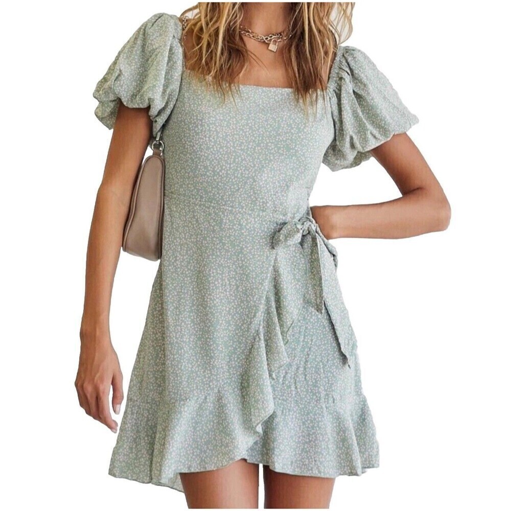 Row A Womens Large Sage Green Floral Puff Sleeve Mini Wrap Dress Cottagecore